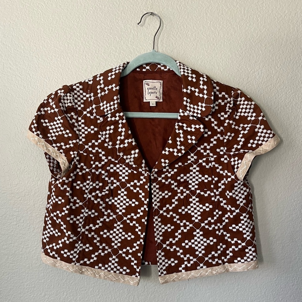 Vintage Nanette Lepore Brown White Atomic Embroidered Retro Jacket Women Size 6